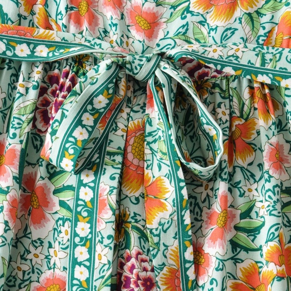 Boho Green Floral Print Wide Leg Belted Jumpsuit - Picture 3 of 6